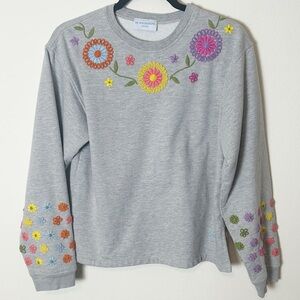 Mi Golondrina Floral Embroidered Sweatshirt Light Grey Fleece Medium